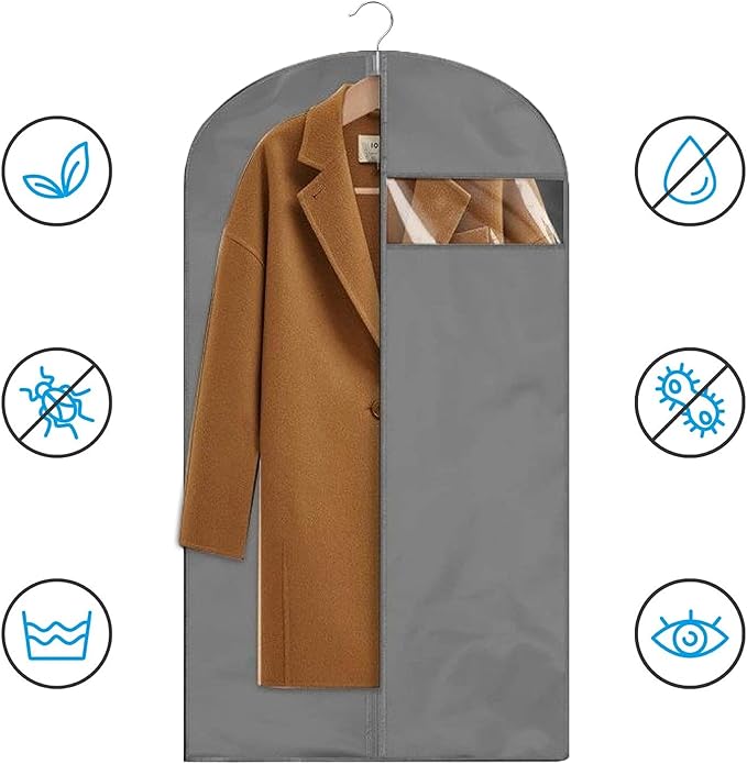 Garment Bag for Storage, Travel, and Dustproof, 40, 48, 60 inches Long, Washable Suit Cover for T-shirts, jackets, suits, and coats, non-woven (gray, 24" x 48"-3pcs)