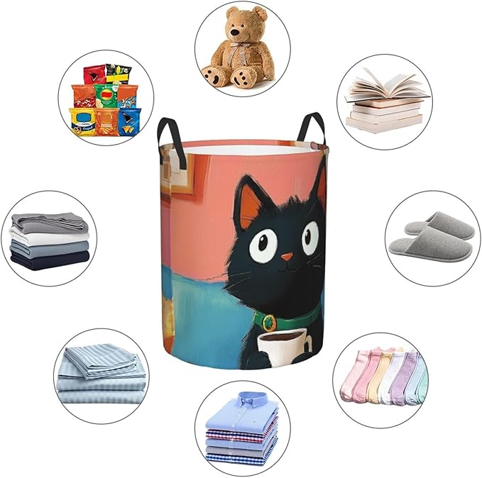 Cute Black Cat Print Laundry Basket For Storage Bins Gift Baskets Bedroom Clothes Hamper