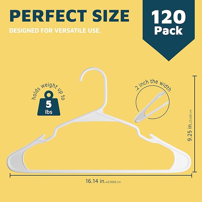 Lifemaster Plastic Clothes Hanger Set - 120 Pieces Versatile, Lightweight, Space-Saving, Non-Slip, Slim Designed, Dry and Wet Clothes Hanger Set - White