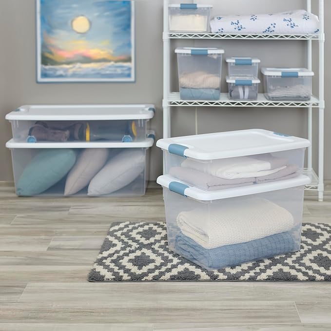 Sterilite 4-Pack 56 Quart Wheeled Latching Box, Underbed Clear Plastic Storage Organizer - Under Bed Rolling Container Bin with Lid and Wheels for Home or Dorm Bedrooms and Closets