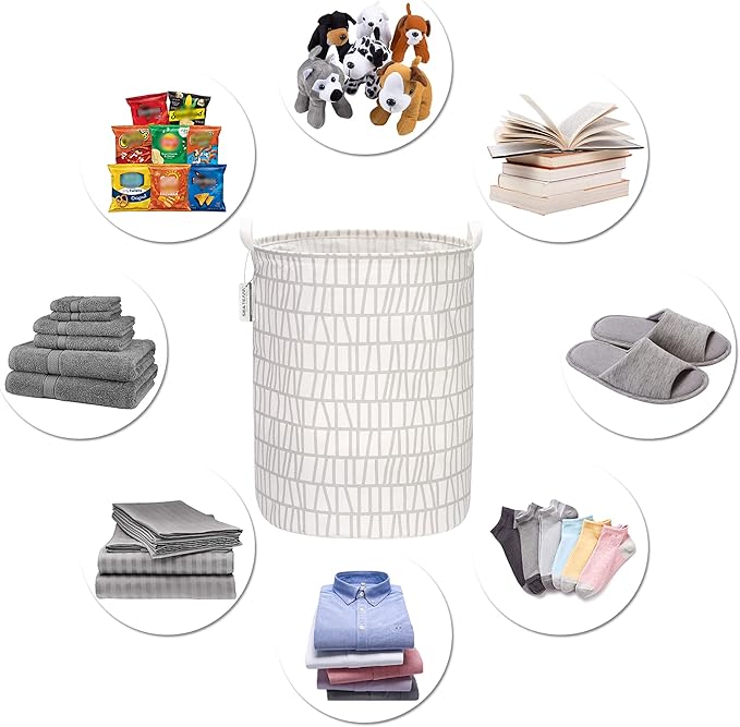 Sea Team 19.7 Inches Large Sized Waterproof Coating Ramie Cotton Fabric Folding Laundry Hamper Bucket Cylindric Burlap Canvas Storage Basket with Stylish Branch Grey Design
