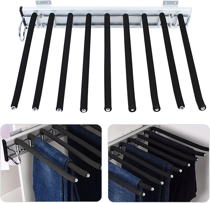 9 Arms Steel Slide Out Pants Rack Closet Pants Hanger Bar Pull Out Trousers Rack Tie Belts Scarf Racks, Wardrobe Clothes Organizers Rail Pull Out Closet Storage Rod-(Left Side Mounts)