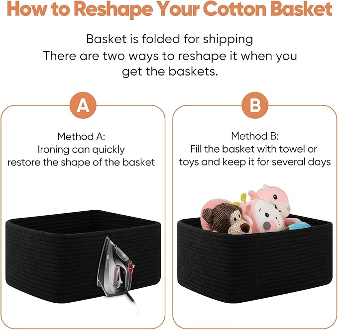 OIAHOMY 4 Pack 14.17 * 11.02 * 6.3IN Storage Baskets for Organizing Shelves, Woven Rope Baskets for Organizing Books, Clothes, Decorative Basket for Living Room, Nursery, Bedroom, Gift Basket, Black