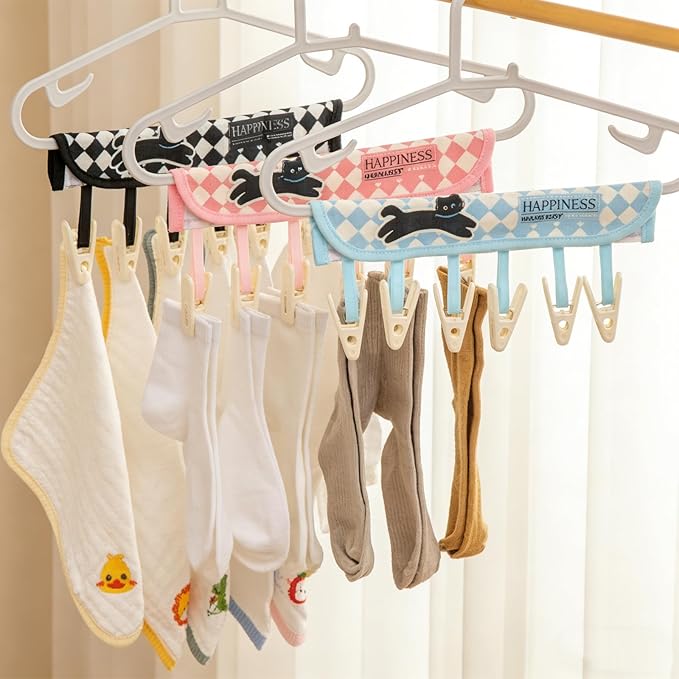 FOLAI 3-Pack Portable Fabric Products Travel Hangers Foldable Suitcase Clothespin Small Clothes pin Rack with 6 Clips（Cat-Themed）