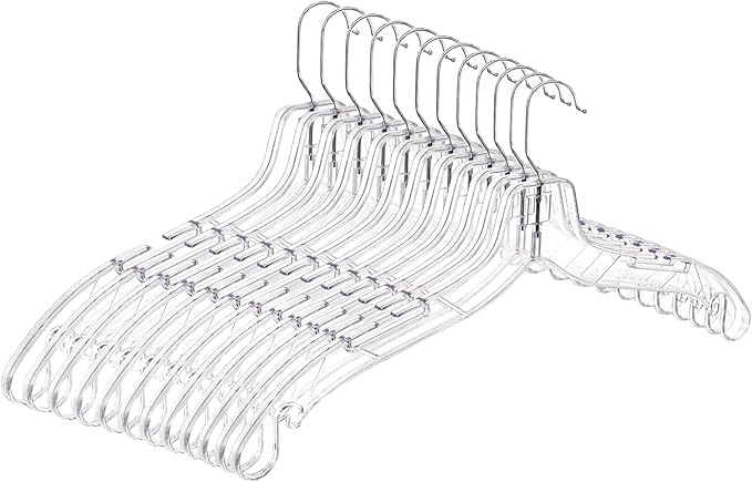 12 Pack Clear Plastic Hangers, 16.7 Inch Shirt Hanger, Clear Acrylic Hanger with 360 Swivel Metal Hook and Notches, Space Saving Heavy Duty, Dress Hangers for Clothes Shirts Dresses