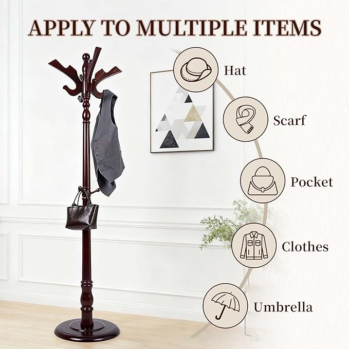 Wooden Coat Rack Freestanding, Creative Brid Hooks, Coat Hanger Stand 11 Hooks, Coat Tree Adjustable Height 73", Round Base, Coat Racks free standing for Entryway Hallway, Porch, Bedroom