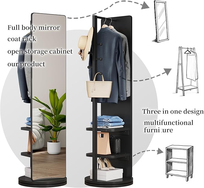 CHANCEE 360° Rotating Mirror Coat Rack, Solid Wood Standing Mirror with Storage Hooks and Shelves, Space-Saving Multifunctional Organizer for Bedroom, Living Room, or Cloakroom (Black)
