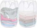 2 Pack Mesh Pop Up Laundry Baskets, Collapsible Laundry Hampers, Foldable Clothes Basket Storage Bins with Handles & Side Pocket for Cruise, Travel, Laundry Room, Dorm, Home (White)