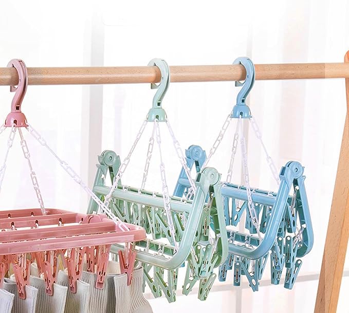 BILIKEYU Folding Hanging Hanger 32 Clips Multi Functional Windproof Socks Clip Clothes Hanger Household PStuff Organizer (C, One Size)