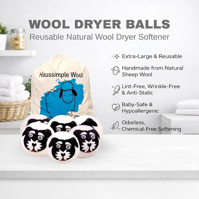 Wool Dryer Balls 6-Pack 100% Natural New Zealand Wool, Handmade in Nepal Reusable Laundry Balls, Faster Drying, Softer Clothes, Anti-Static, Dryer Sheets Alternative (Black White, Dog)