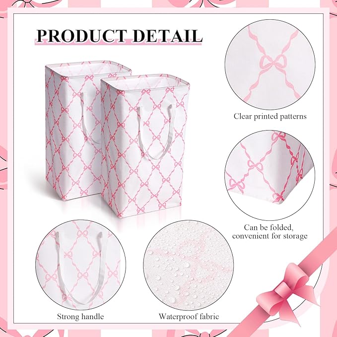 Leinuosen 2 Pcs Bow Pink Laundry Basket Pink Laundry Hamper Large Collapsible Bow Storage Baskets Cute Nursery Clothes Waterproof Hamper Room Organization for Bedroom Decor(Grid)