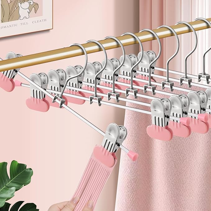 Pants Hangers with Wide Clips 50 Pack Adjustable Skirt Hangers for Women Non-Slip Clothes Hanger for Pants Heavy Duty Space Saving Trousers Hanger for Jeans,Shorts Pink,12Inch