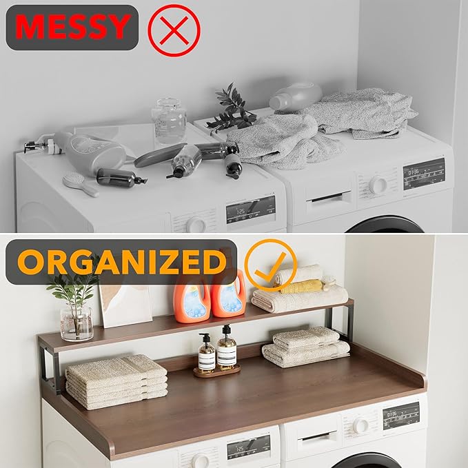 SpaceAid 2-Tier Washer Dryer Countertop, Laundry Topper with Rack Shelf 54" Width x 27.5" Depth x 10" Height Organizer Cover for Washer and Dryer Laundry Hamper Counter Storage (Brown Wood)
