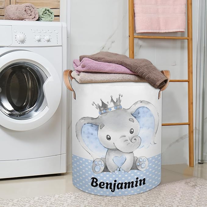 Personalized Laundry Basket, Custom Gift Laundry Hamper, Collapsible Nursery Waterproof Laundry Baskets, Dirty Clothes Toy Hamper with Handles Prince Elephant Dot