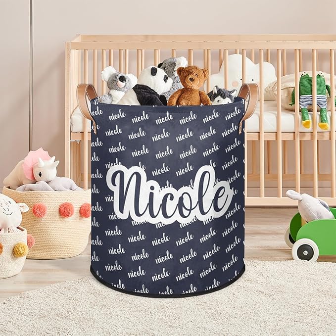 Custom Name Laundry-Hamper, Personalized Kids-Clothes-Hamper Foldable with Name, Customized Storage Basket with Handles Waterproof Gift for Boys Girls Baby Women, Dark Blue