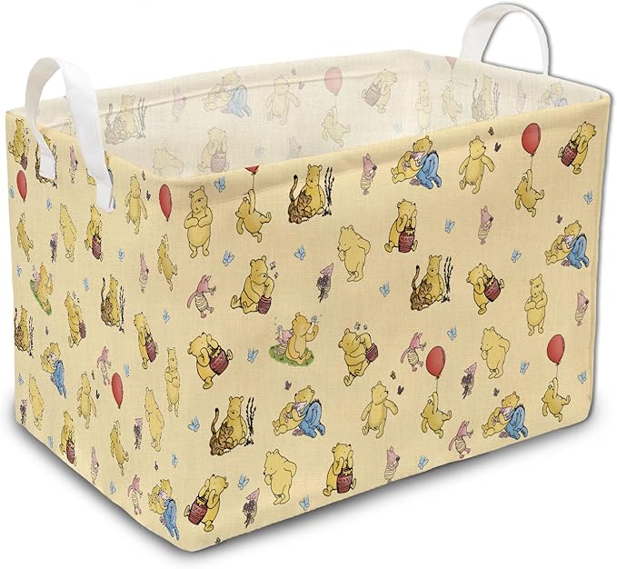 Winnie Nursery Hampers with Handles, the Pooh Nursery Storage Basket, Classic Winnie Baby Nursery Hamper Decor, Foldable and Waterproof Canvas Organizers for Toys Clothes Bedroom Bathroom