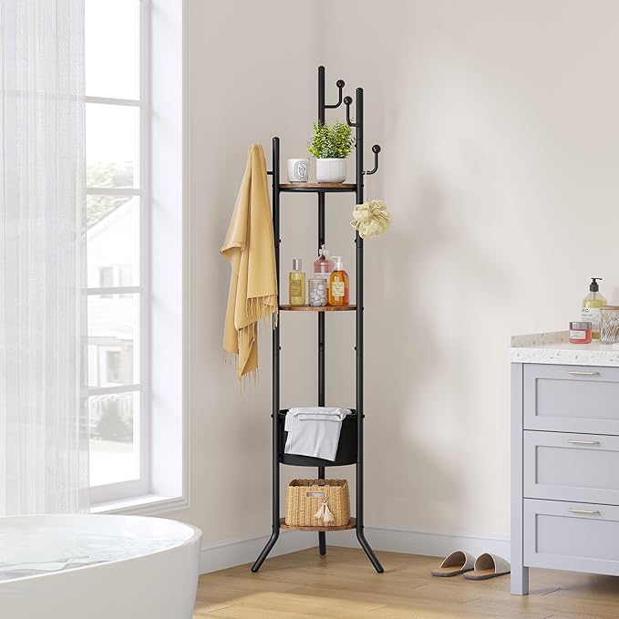 Hoctieon Coat Rack Freestanding, Round Coat Rack with 3 Wooden Shelves and 1 Fabric Basket, Metal Clothes Tree with 5 Hooks, Coat Hanger Stand for Clothes, Hats, Bags, Brown and Black