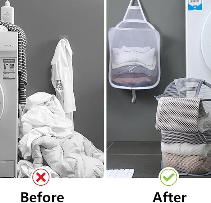 2pcs mesh foldable laundry basket, dirty clothes storage bag basket frame bucket, foldable mesh laundry bathroom wall mounted dirty clothes storage container (gray and white)