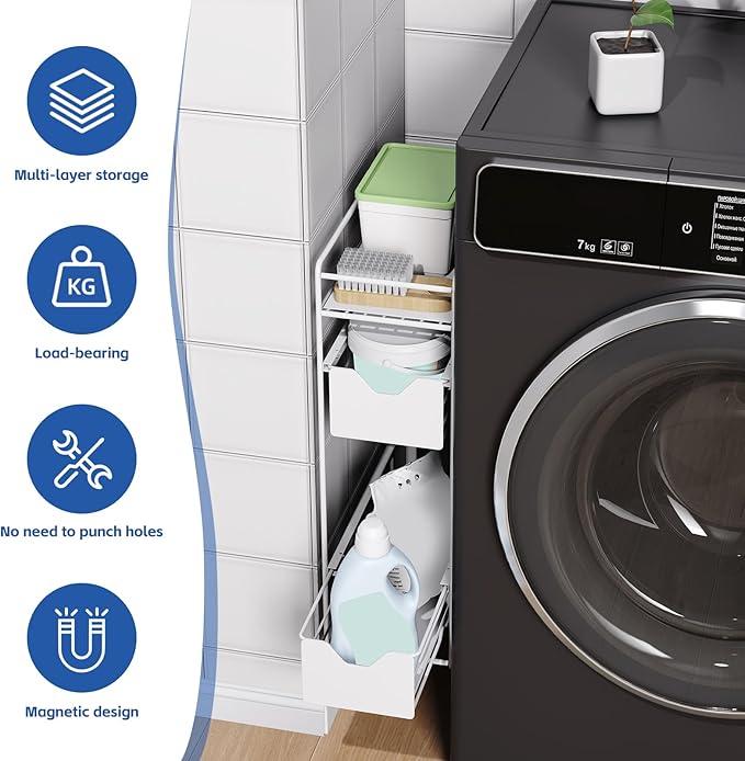 3 Tier Magnetic Shelves for Washing Machine with Pull Out Metal Drawer,Magnetic Spice Rack for Fridge,Magnetic Rack with no Installation, Versatile Storage Organizers for Home (White, 3 Tier)