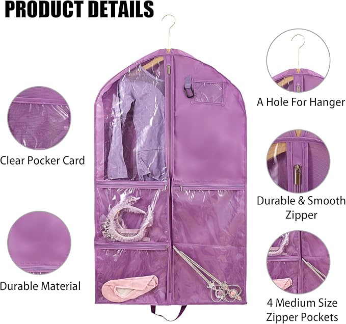 1 Pack Garment Bag for Travel Storage,Dance Costumes Competition Bag,Girls Dress Recital Dance Bag Kids Garment Bags for Hanging Clothes,Clear Purple Cheer Uniform Garment Bag.40Inch