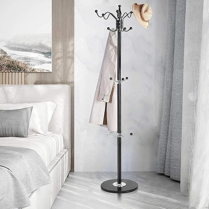 67" Metal Coat Rack Stand Satin Steel Marble Base with 16 Hooks Metal Tree Hat Rack & Coat Hanger Floor Standing Clothes Rack High-Grade Wall Bedroom Hall Entryway Organizer Storage,Black
