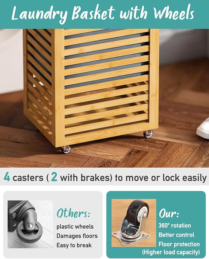 Laundry Hamper, 22.7 Gallon (86L) Bamboo Wood Clothes Laundry Basket with Wheels and Handles, Removable Liner