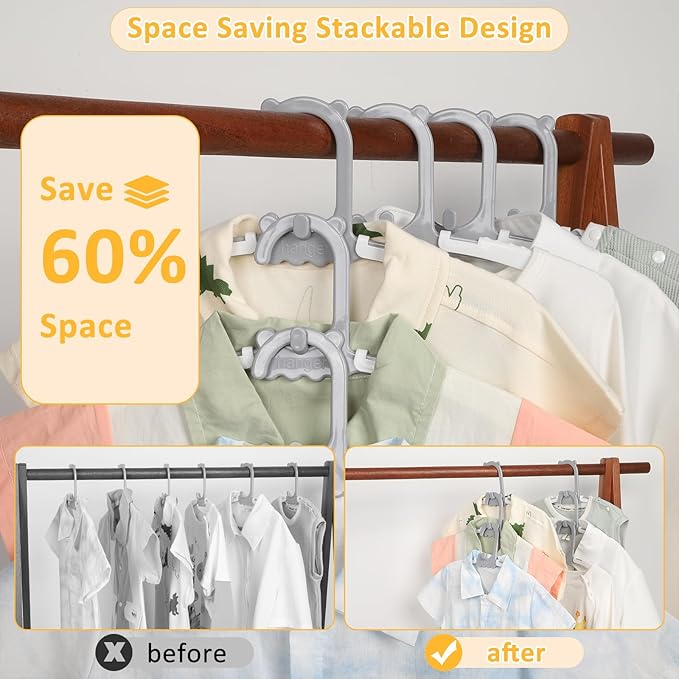 30 Pack Baby Clothes Hangers with 16 Clips, 11-15 inch Adjustable Kid Hanger, Multifunctional Children Hanger for Girl Boy Toddler Kids Child(Grey)