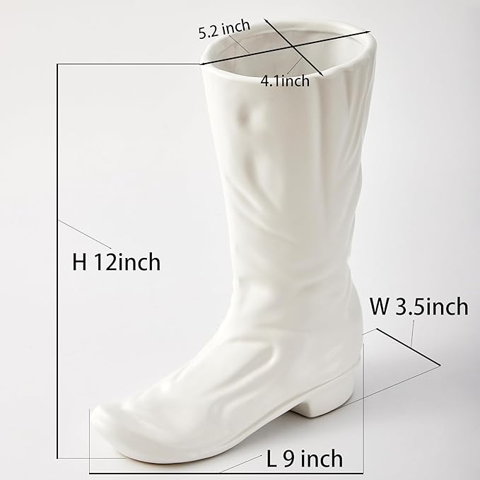 Denique White Ceramic Cowboy Boot Vase, Unique Boot Shaped Flower Vase for Home Decor, Modern Farmhouse Decorative Vase for Living Room, Bedroom, Office, Table Centerpiece, Gift for Women