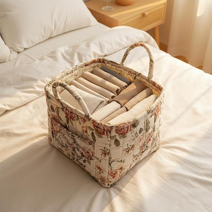 Mo&Cy Fabric Storage Basket with Handle – Collapsible Quilted Boho Floral Organizer for Laundry Room Organization,Clothes Basket,Toy Organizers and Storage,Diaper Caddy Basket(Rustic Rose)