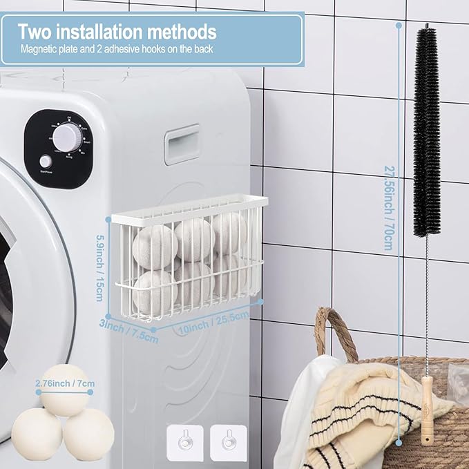 Magnetic Dryer Ball Holder and Laundry Organizer - Magnetic Lint Container For Dryer and Laundry Room with Strong Magnets, Dryer Ball Container ( 3 Wool Balls) (white)