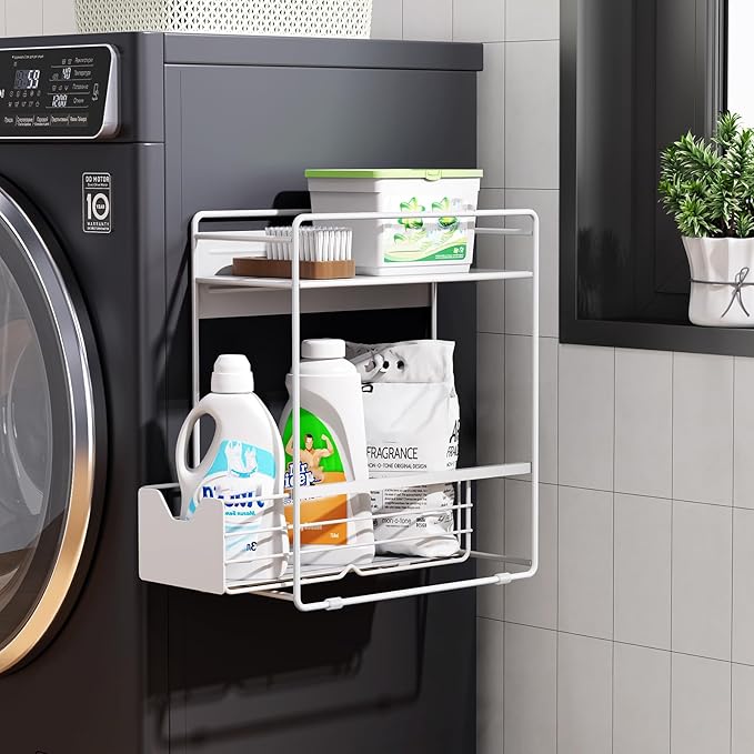 2 Tier Magnetic Shelves for Washing Machine with Pull Out Metal Drawer,Magnetic Spice Rack for Fridge,Magnetic Rack with no Installation, Versatile Storage Organizers for Home (White, 2 Tier)