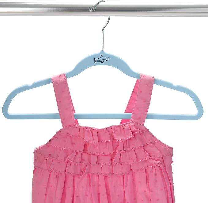Simplify Kids 100 Pack Velvet Hangers with Shark Icon in Light Blue