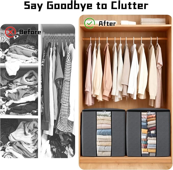 120L Extra Large Clothes Storage Bags, 3 Pack Blanket & Clothing Storage Bins, Foldable Closet Organizers with Clear Window and Reinforced Handles for Clothing, Blankets, Bed Sheets and Pillows