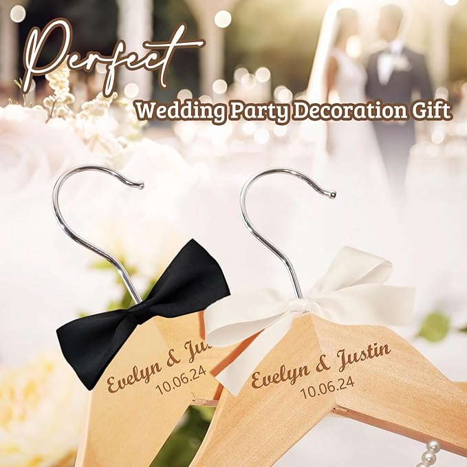 2 Pcs Personalized Wedding Hanger for Bride and Groom, Wooden Bride Hanger, Custom Mr and Mrs Hangers with Bow Tie for Tuxedo, Bridal Party Shower, Wedding Gift