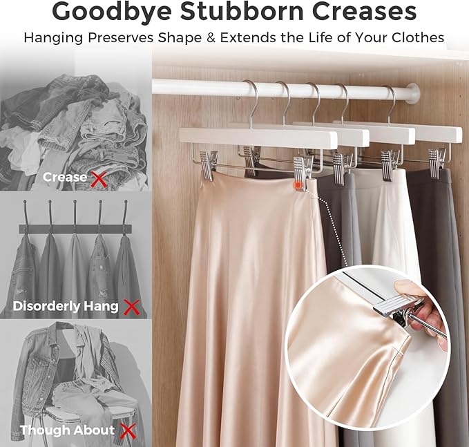 HOUSE DAY Premium Wooden Pants Skirts Hangers, Solid Wood Trousers Bottom Hanger with 2-Adjustable Clips, Clip Hangers for Slacks, Jeans, Shorts (White, Pack of 50)