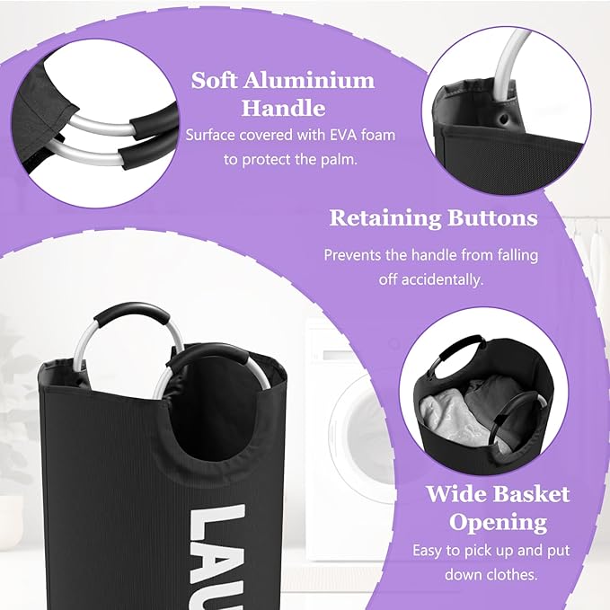 95L Large Laundry Hamper for Adult, Foldable Black Laundry Basket with Soft Handles, Freestanding Dirty Clothes Hampers, Portable Laundry Bin for Flat, Bathroom, Black