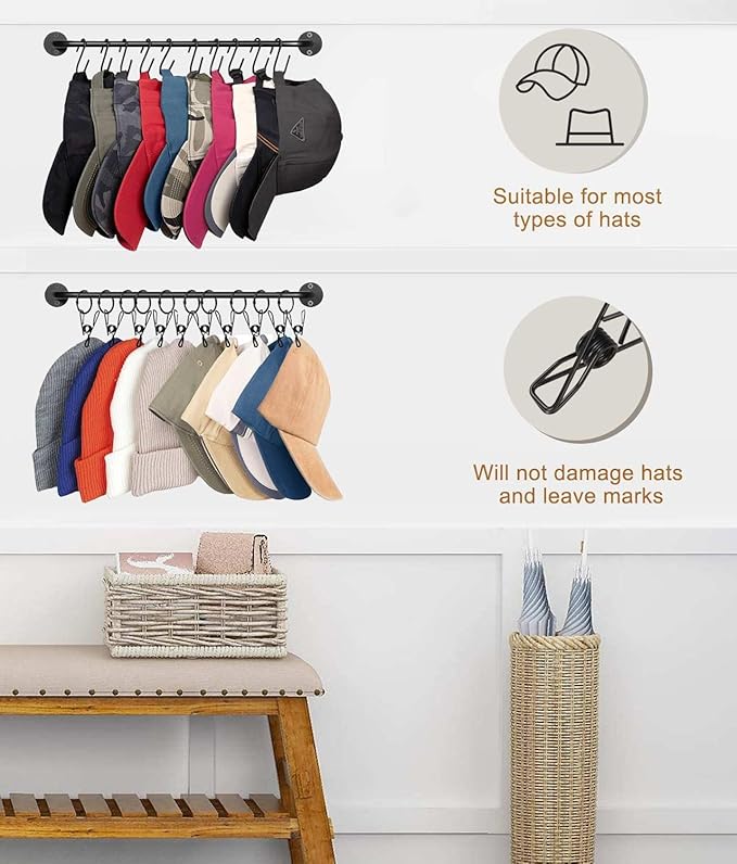 Livelab Hat Rack for Wall, Hat Organizer for Baseball Caps with 10 Hooks+10 Clips, 2 Pack Modern Metal Hat Storage Wall-Mounted Hanger Holder for Closet Door Bedroom Entryroom