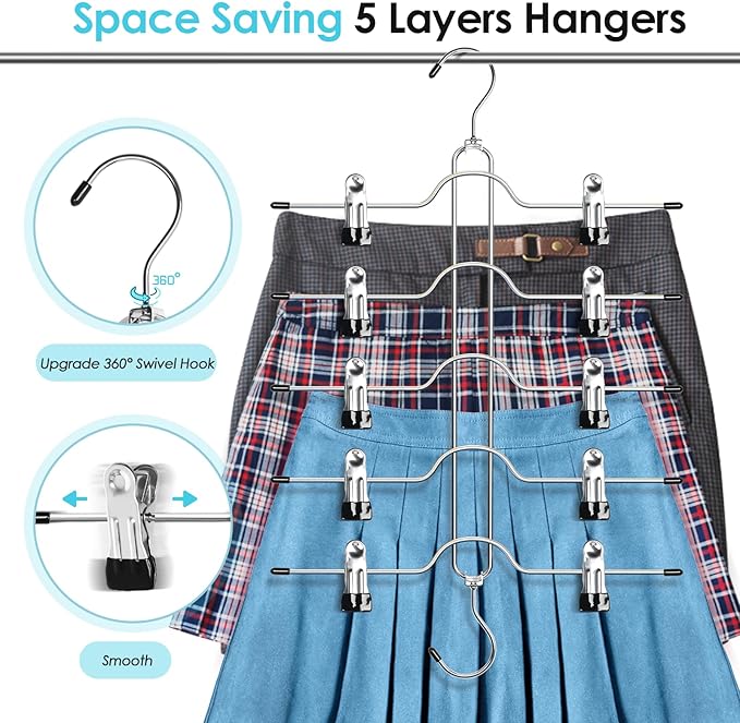 Skirt Hangers with Clips, Jadkysarh 5 Tier Pants Skirt Hangers Space Saving Multi Shorts Hangers with Adjustable Clips Closet Organizer and Storage for Jeans, Leggings 4 Pack