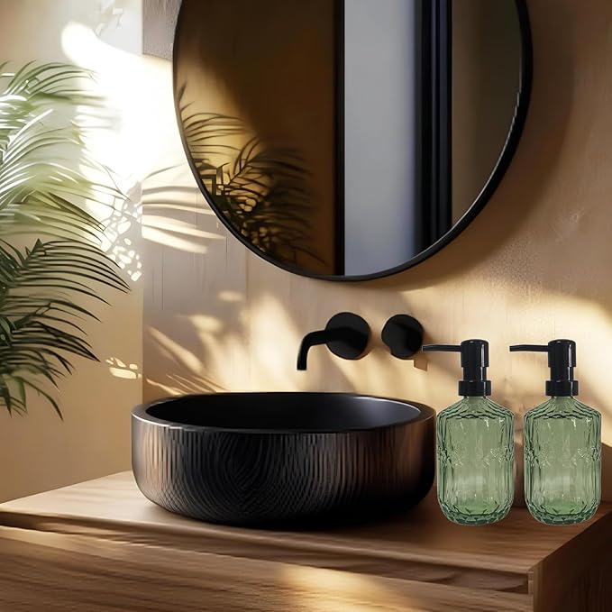 Green Glass Soap Dispenser with Black Plastic Pump, 15oz Refillable Glass Lotion Hand Soap Dispensers for Modern Kitchen Sink, Bathroom Countertop, Hotel