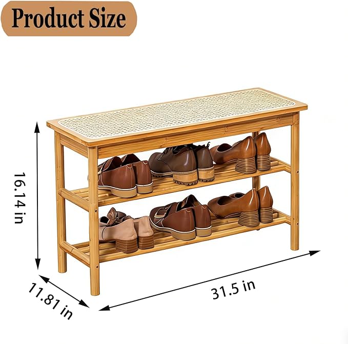 latifolia Shoe Rack Bench, 3-Tier Bamboo Shoe Bench with Breathable Rattan Seat Cushion, Shoe Storage Rack for Entryway(Nautre,31.50''L)