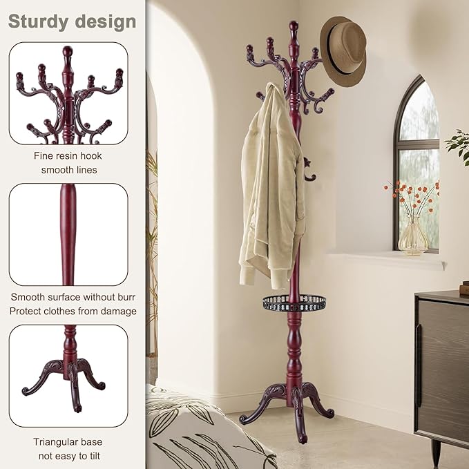 Wooden coat rack stand, Heavy duty coat racks tree freestanding with storage basket, Coat tree for jacket,Hats, Bags, Purses, clothes (Triangular base-Redwood 1)