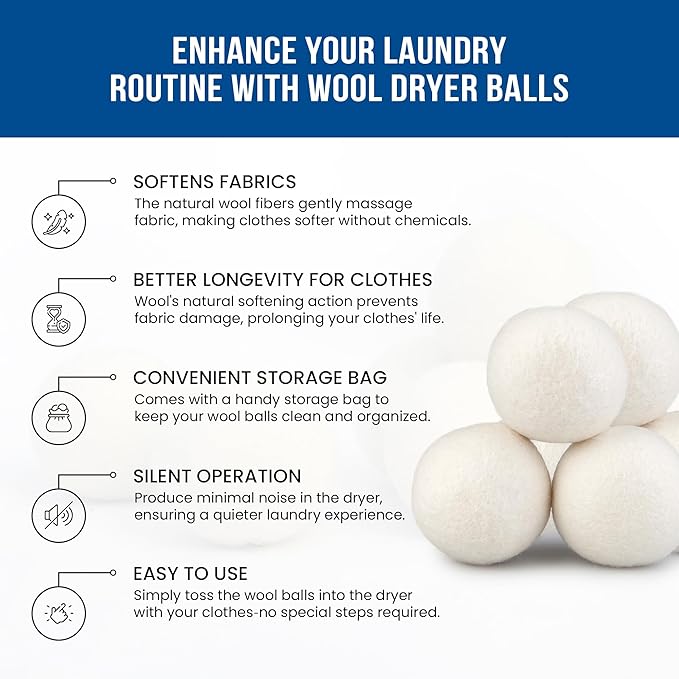 Ezhippie Quality Wool Dryer Balls - 6 XL Pack - 1000+ Loads - Pure Organic Wool - Reusable Natural Fabric Softener Perfect with Essential Oils, Reduce Clothing Static and Wrinkles