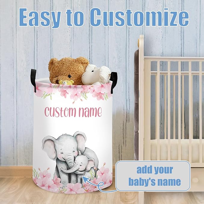 Custom Name Elephant Laundry Baskets for Baby Girls Boys, Personalized Name Laundry Basket for Kids Adults, Personalized Gift Pink Laundry Hamper with Handles, Customize Storage Basket