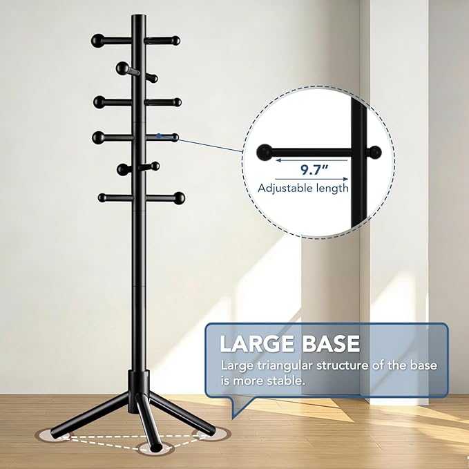 Wooden Coat Rack Freestanding with 12 Hooks 3 Adjustable Heights，Standing Coat Rack Tree for Hat and Coat Rack for Small Spaces Entryway,Office,Bedroom,Black