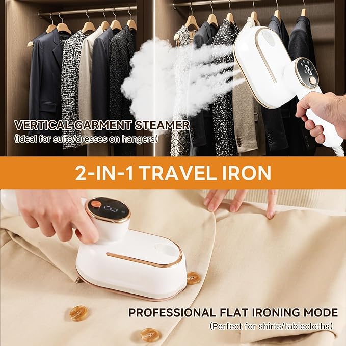 Travel Steamer, 1200W Portable Steamer for Clothes, 10-Second Rapid Heat-Up Plancha a Vapor Para Ropa with LED, 180° Rotating Handle & Ceramic Soleplate for Travel, Home, Office Use