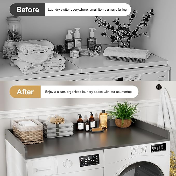 Washer Dryer Countertop, 27.5 x 54 Inch Washer and Dryer Countertop for Laundry Room Organization with Edge Wooden, Grey