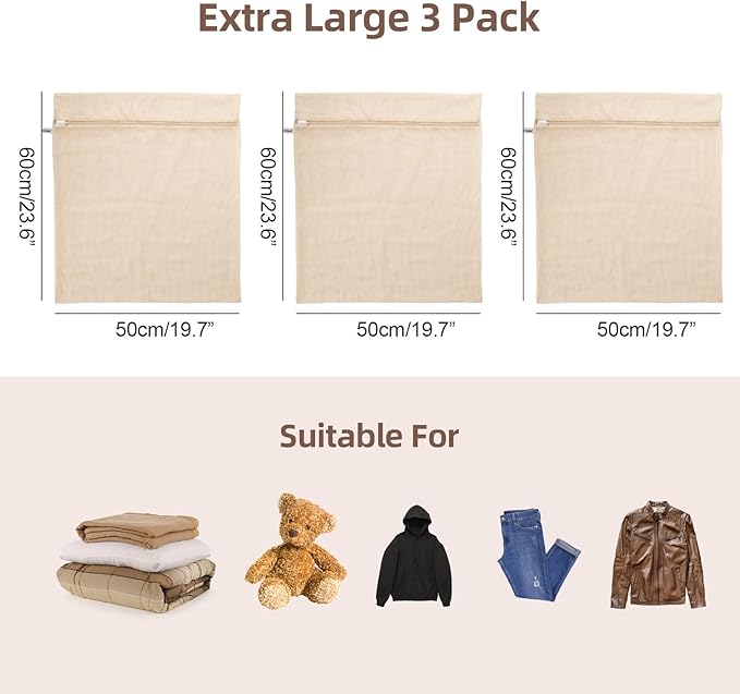 100% Cotton Mesh Laundry Bags, Premium Soft, No Dye, Natual,Set of 3(XXL)