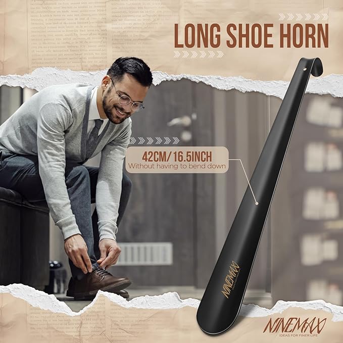 NINEMAX Shoe Horn Long Handle for Seniors Men Women, Metal Long Shoehorn Boot Horn 16.5'', Travel Small Shoe Spoon Helper for Kids 7.5''