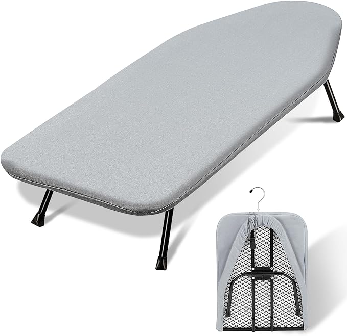 SheeChung Small Ironing Board 12"X32",Mini Ironing Board with Removable Cover and Pad,Portable Folding Non-Slip Feet Tabletop Board for School Apartment Laundry Rooms,Compact Space-Saving,Silver Grey