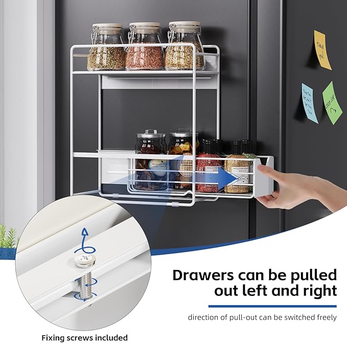 2 Tier Magnetic Shelves for Washing Machine with Pull Out Metal Drawer,Magnetic Spice Rack for Fridge,Magnetic Rack with no Installation, Versatile Storage Organizers for Home (White, 2 Tier)